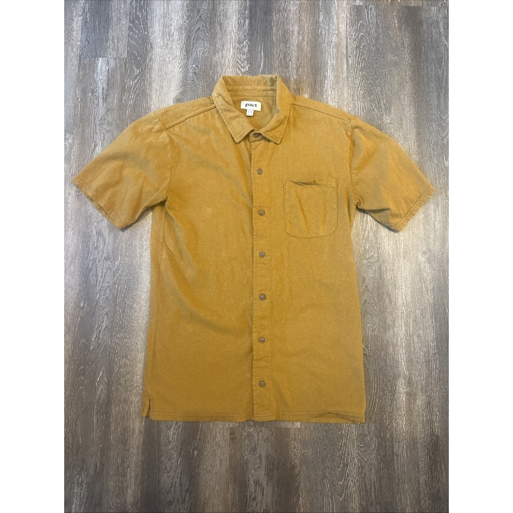 Pact Men's Small Button Up Short Sleeve Shirt  Front Chest Pocket Brown